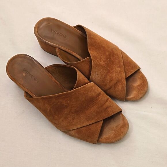Vince Karsen Suede Sandals Cedar Block Heel Criss Cross Straps Size 8 - Picture 1 of 8